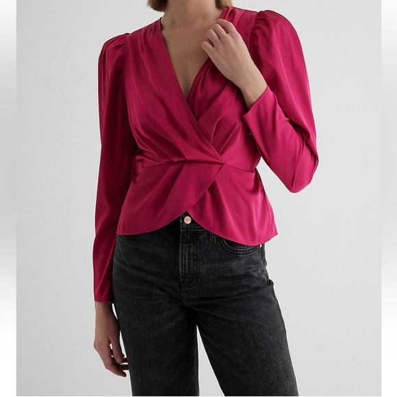 Express Tops - NWT Express Pink Satin Puff Shoulder Draped Faux Wrap Top